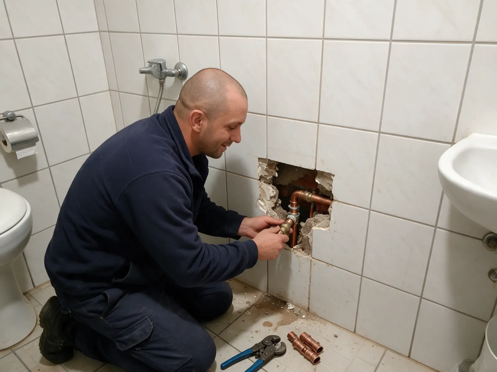 Csőtörés javítása felnyitott fürdőszobafalban